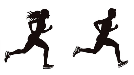 Fototapeta premium Silhouettes clipart of athlete woman and man running, featuring workout sports, such as jogging, running, sprint, marathon, and physical exercise on white background
