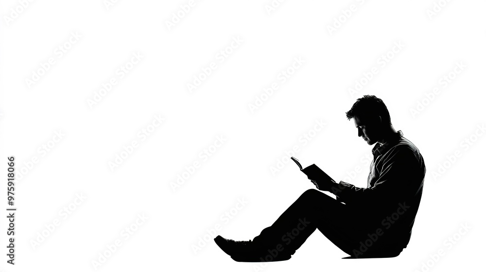 Poster a man Reading Silhouette on white background