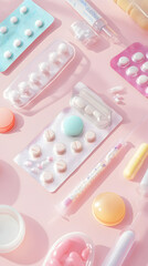 Pastel-colored medical pills and tablets in blisters
