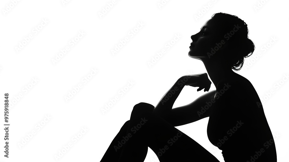 Canvas Prints Silhouette of a woman sitting in a thoughtful pose on white background 