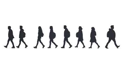 Silhouettes of People Walking in Line on white background