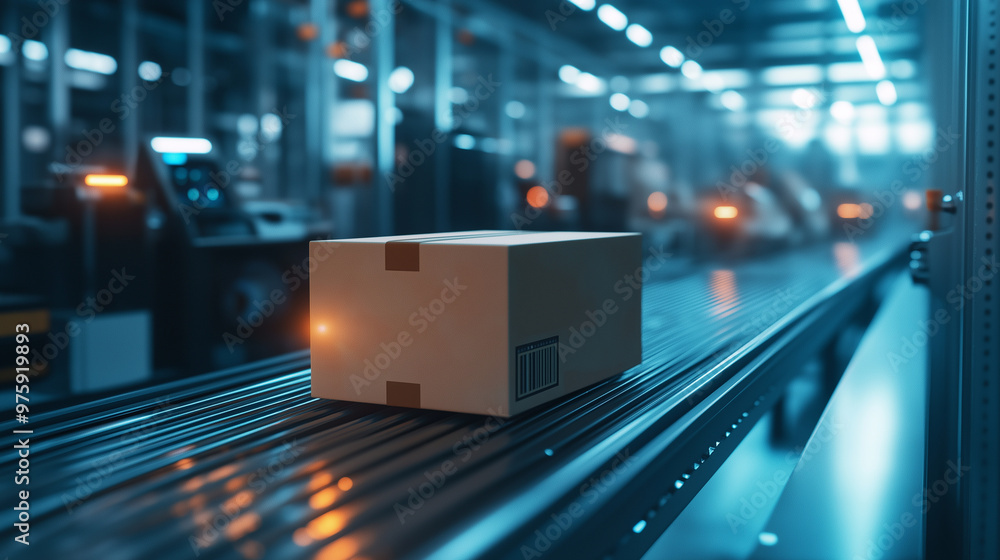 Poster a close-up of a cardboard box rolling down a conveyor belt, surrounded by automated machinery and ad