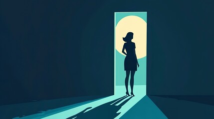 Obraz premium Businesswoman Standing in Doorway Watching Her Shadow, Dreaming of Success, Ambition and Career Growth, Minimalistic Vector Illustration, Nighttime Mood