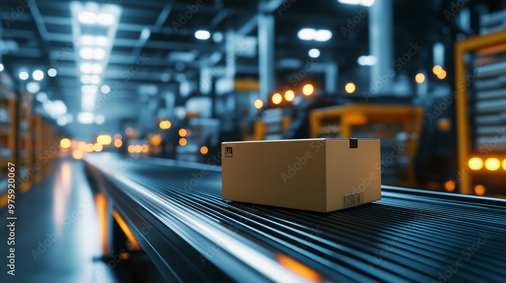 Aufkleber a high-tech automated warehouse where a cardboard box glides on a conveyor belt beneath overhead rob