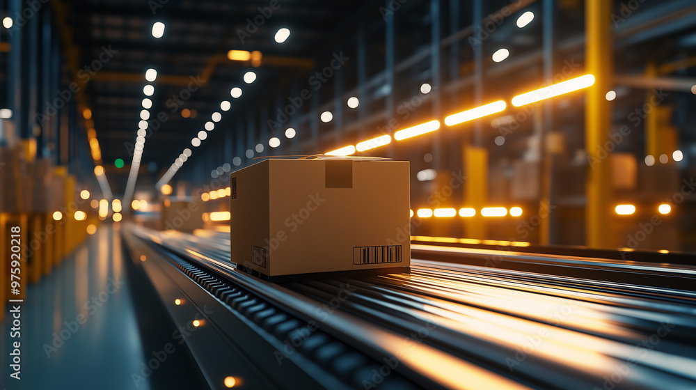 Poster a cardboard box moves effortlessly along a conveyor belt, framed by the modern, bright, and efficien