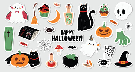 Cute kids Halloween stickers set. Ghosts, spell book, skull, potion, broom, black cat, pumpkins. October holiday stickers, design elements bundle. Isolated flat vector illustrations.