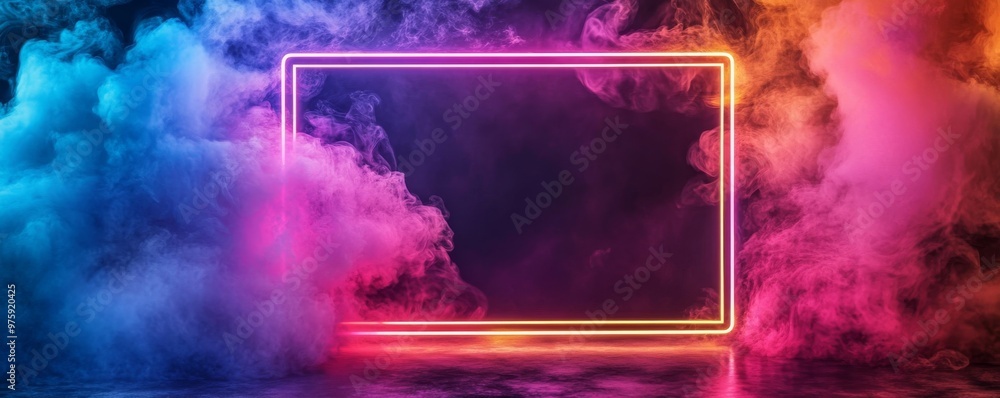 Poster vivid neon frame with colorful smoke in abstract setting
