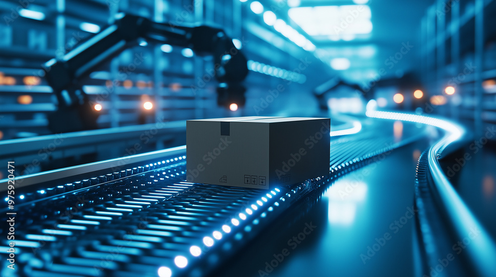 Poster a cardboard box navigates through a maze of conveyor belts in a fully automated warehouse, with robo