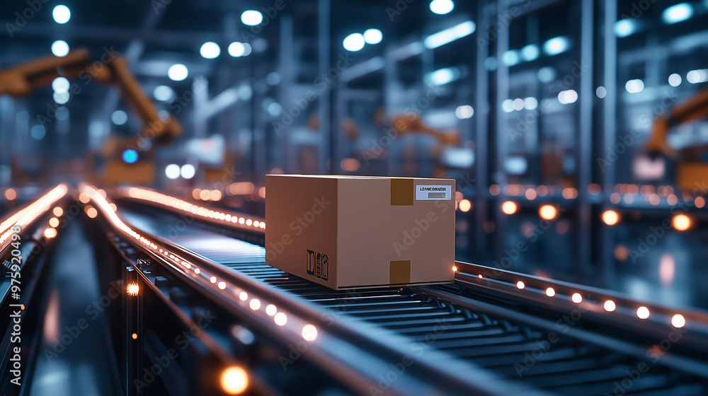 Poster a cardboard box navigates through a maze of conveyor belts in a fully automated warehouse, with robo