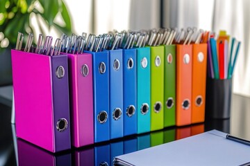 A colorful assortment of binders, notebooks, and stationery neatly lined up on a modern desk.