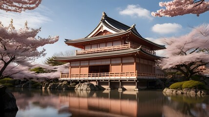 Traditional Japanese Temple Amidst Cherry Blossoms – Serene Architecture with Blooming Sakura