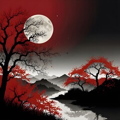 Asian Design red white black with tress and the Moon