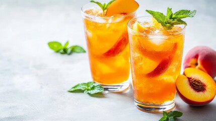 Ice peach tea or cocktail with mint and apricots, a recipe for a refreshing summer drink. Two glasses with peach fruit lemonade on light table, detox diet and weight loss concept, menu for restaurant