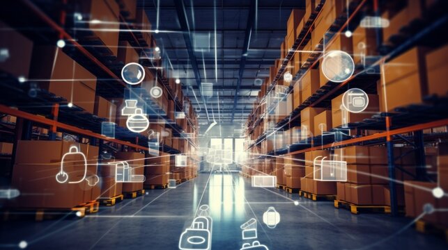 A worker engages with AR tech in a modern warehouse environment, showcasing advanced inventory solutions. - Powered by Adobe