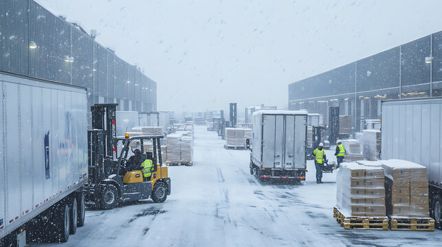 Forklifts moving pallets in snowy industrial loading area.