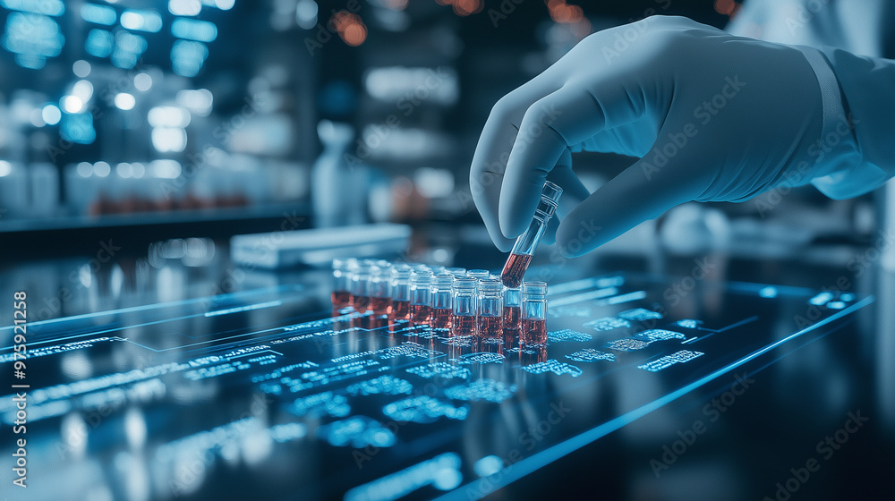 Aufkleber a high-tech diagnostic lab where a gloved hand interacts with vials and digital data overlays, showc