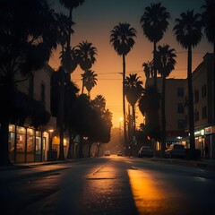 City in the midst of a warm, dusky sunset, a deserted street