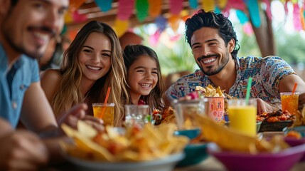 Festive National Nachos Day Picnic: Family and Friends Enjoying Nachos and Drinks with Colorful Decorations
