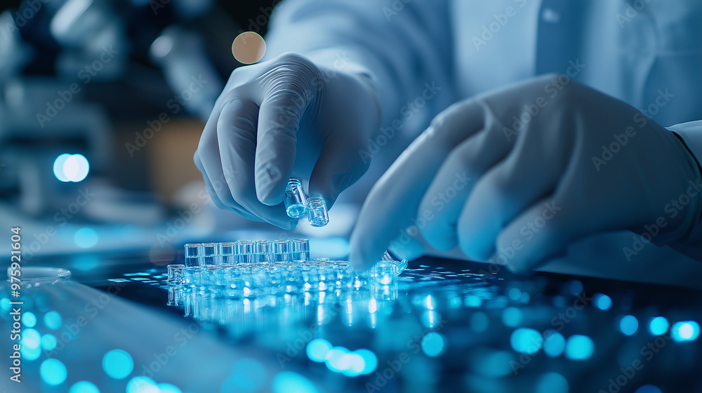 Poster a close-up of a gloved hand sorting vials with a glowing digital interface, showcasing the importanc