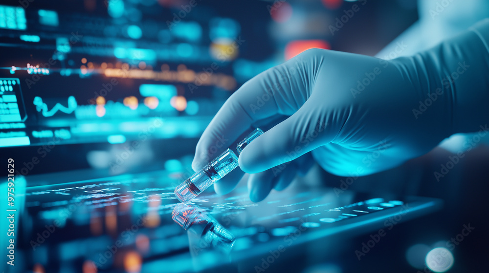 Poster a close-up of a gloved hand sorting vials with a glowing digital interface, showcasing the importanc