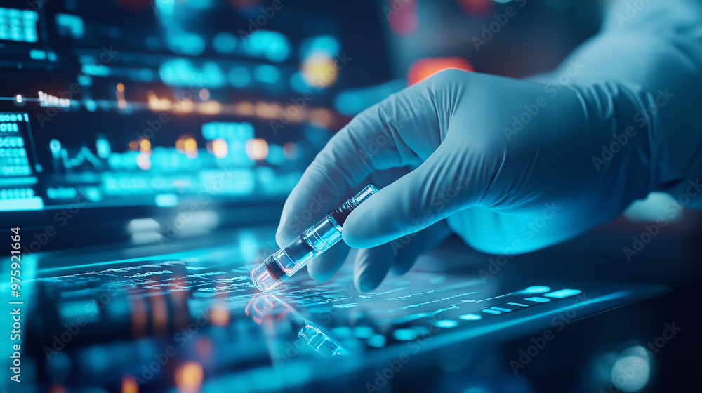 Poster a close-up of a gloved hand sorting vials with a glowing digital interface, showcasing the importanc