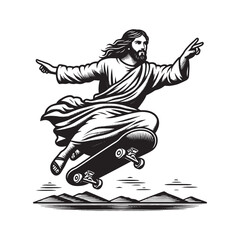 Jesus on a skateboard. abstract vector black hand drawn illustration. Tattoo, print, sketch