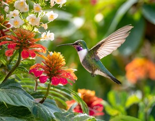 Fototapeta premium Hummingbird Hovering Beside Blooming Flowers in a Tropical Garden