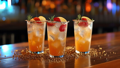 Refreshing Cocktail Drinks with Raspberries  Lemon  and Rosemary on a Wooden Table