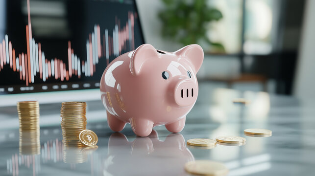 A glossy pink piggy bank with a coin slot on its back, sitting on a reflective marble surface, surrounded by financial graphs and gold coins, symbolizing personal savings and wealt