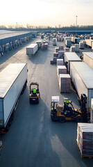 Logistics hub with trucks and forklifts in operation