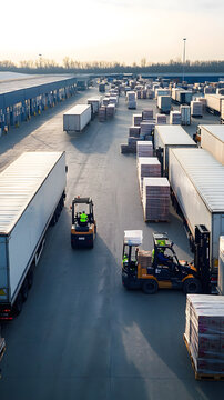 Logistics hub with trucks and forklifts in operation