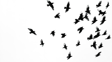 flock of birds flying silhouetted against a white sky on white background