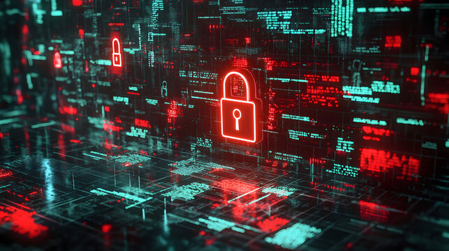 Network security concept with glowing red padlock.