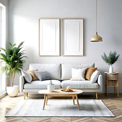 Cozy Scandinavian interior with sofa and minimal decor,3d render, white Mock up frame