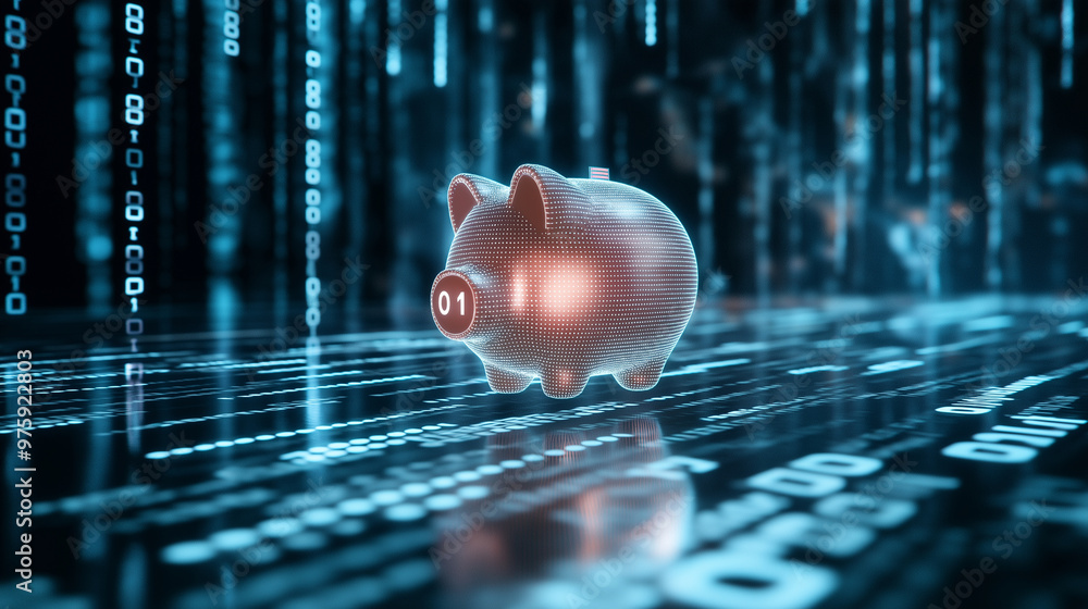 Poster a virtual reality piggy bank hovering in a digital landscape with binary code, symbolizing virtual s