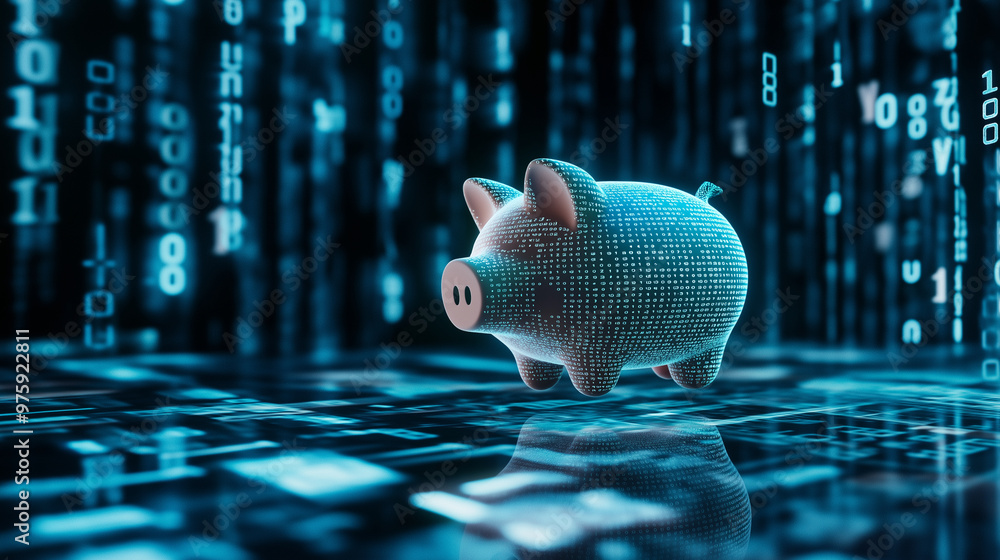 Poster a virtual reality piggy bank hovering in a digital landscape with binary code, symbolizing virtual s