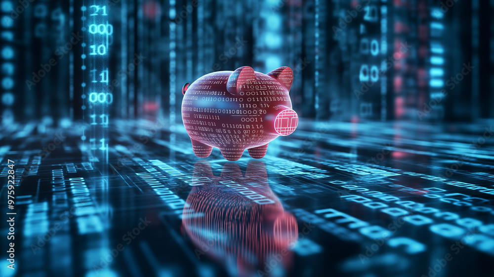 Poster a virtual reality piggy bank hovering in a digital landscape with binary code, symbolizing virtual s