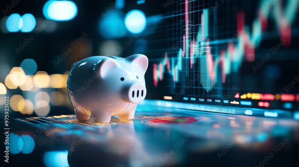 Poster a ceramic piggy bank surrounded by digital graphs and data charts on a screen, symbolizing the inter