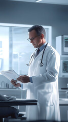 Doctor in modern clinic reviewing medical documents