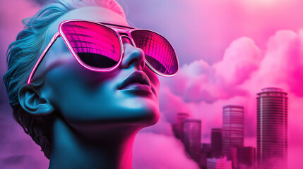 A marble female statue draped in 80s-style neon colors and geometric patterns, wearing reflective aviator sunglasses, set against a surreal cityscape with floating clouds and glowi