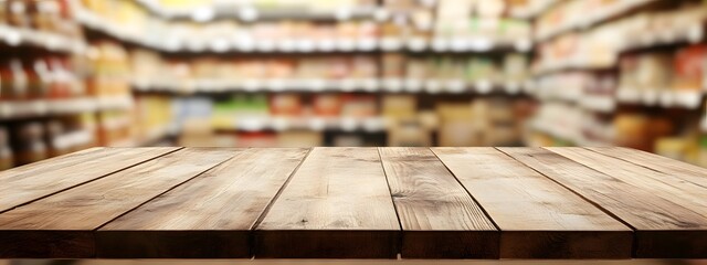Wooden table top with a blurred background of a supermarket interior, featuring shelves full of products for product display or montage
