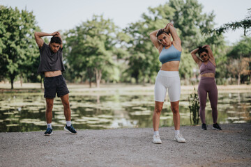 Obraz premium Group of people practicing calisthenics workout and stretching outdoors in a park near a lake. Engaging in fitness activities.