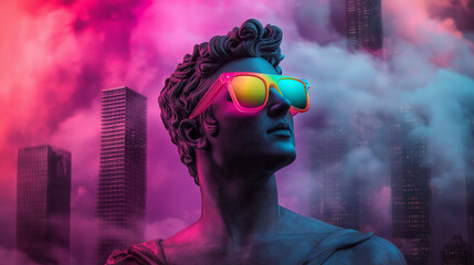 An antique Roman statue adorned with colorful modern sunglasses, standing in a surreal cityscape of floating, transparent skyscrapers and glitching clouds.