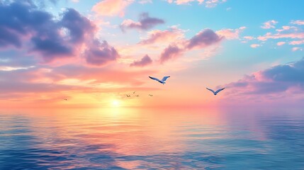 Obraz premium A serene sunset over a calm ocean, with birds flying gracefully against the colorful sky.