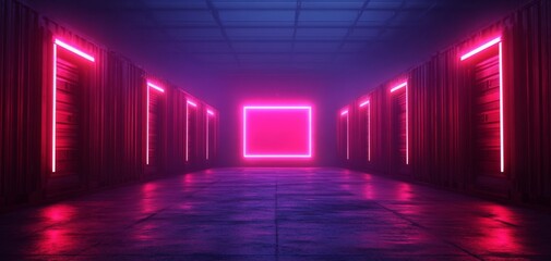 A futuristic corridor illuminated by vibrant pink neon lights, creating an immersive and modern atmosphere.
