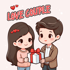 a cute illustration of a man giving gift to a woman