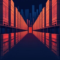 Fototapeta premium A futuristic data center showcasing sleek storage units and a vibrant color palette of red and blue, symbolizing technology and innovation.