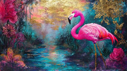 Golden Flamingo Dreams A Mixed Media Masterpiece of a Pink Flamingo in a Mystical Landscape with Gold Leaf and Vibrant Colors 