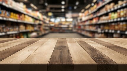Wooden table top with a blurred background of a supermarket interior, featuring shelves full of products for product display or montage