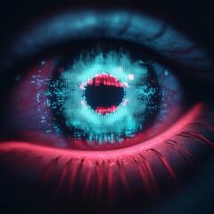 A futuristic eye design featuring digital patterns and vibrant colors, illustrating the fusion of technology and vision.